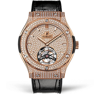 Копия часов Hublot Classic Fusion Tourbillon King Gold Full Pave 45mm 505.OX.9010.LR.1704