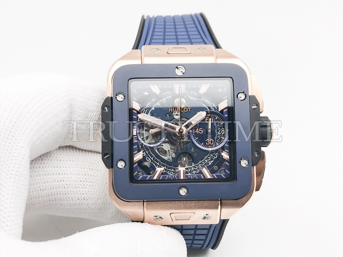 Копия часов Hublot Square Bang Unico King Gold Blue Ceramic 821.OL.5180.RX